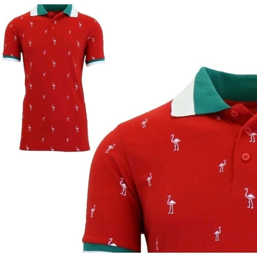 Men's Short Sleeve Red Shirt With Collar Flamingo Pattern Cotton-Blend NEW - Picture 1 of 3